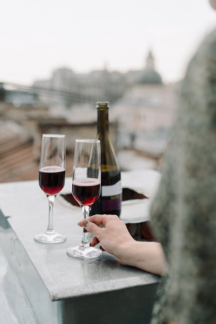 couple enjoying rooftop cocktail sunset city view