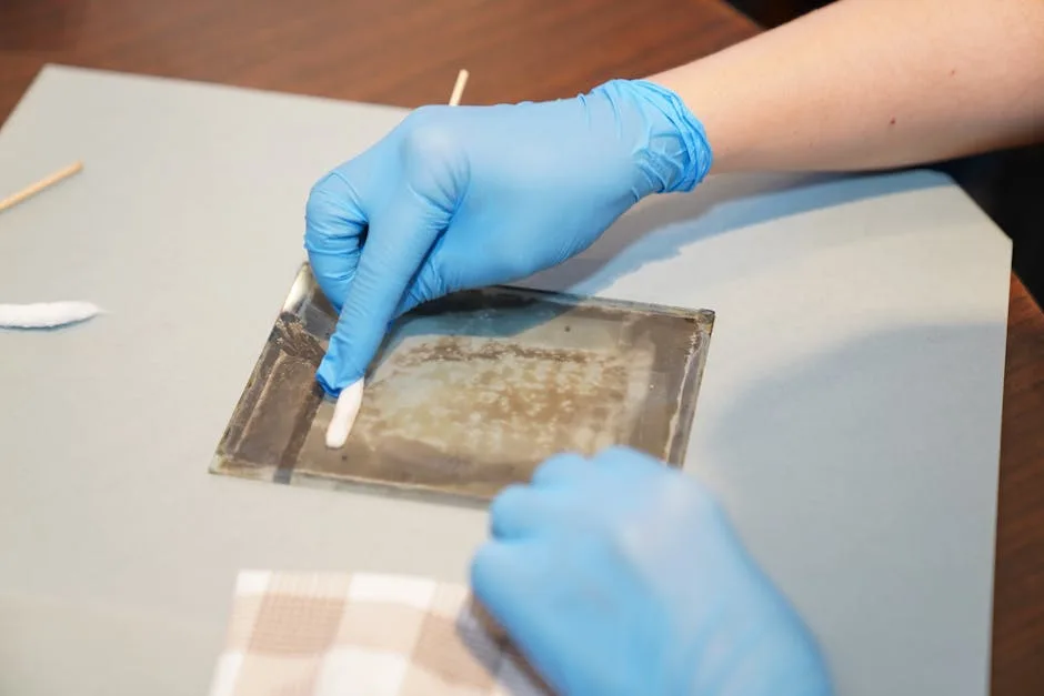 Conservateur ganté nettoyant une plaque picturale dans un atelier à Lecce