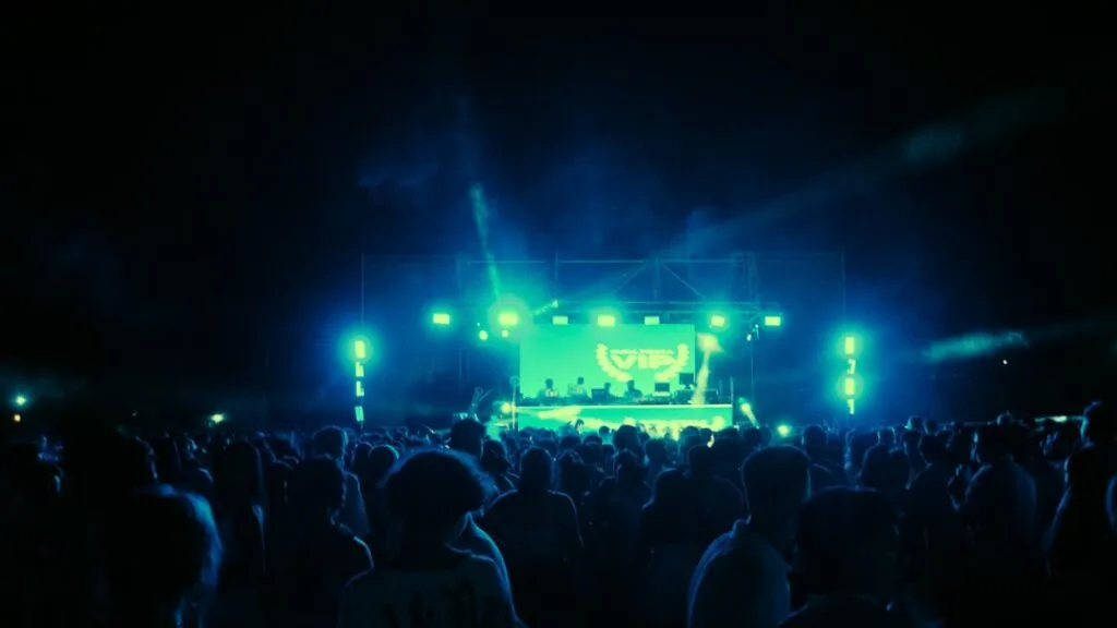 Crowd at night outdoor concert with blue stage lights during Lecce festival