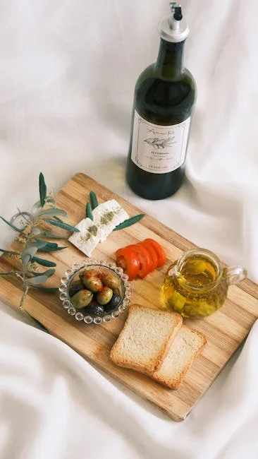 Olive oil tasting board with bread, cheese and olives in Lecce