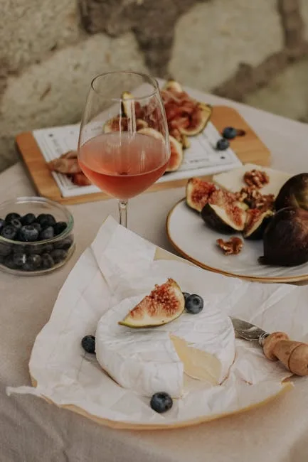 Glass of rosé with camembert, figs and blueberries set for tasting in Lecce