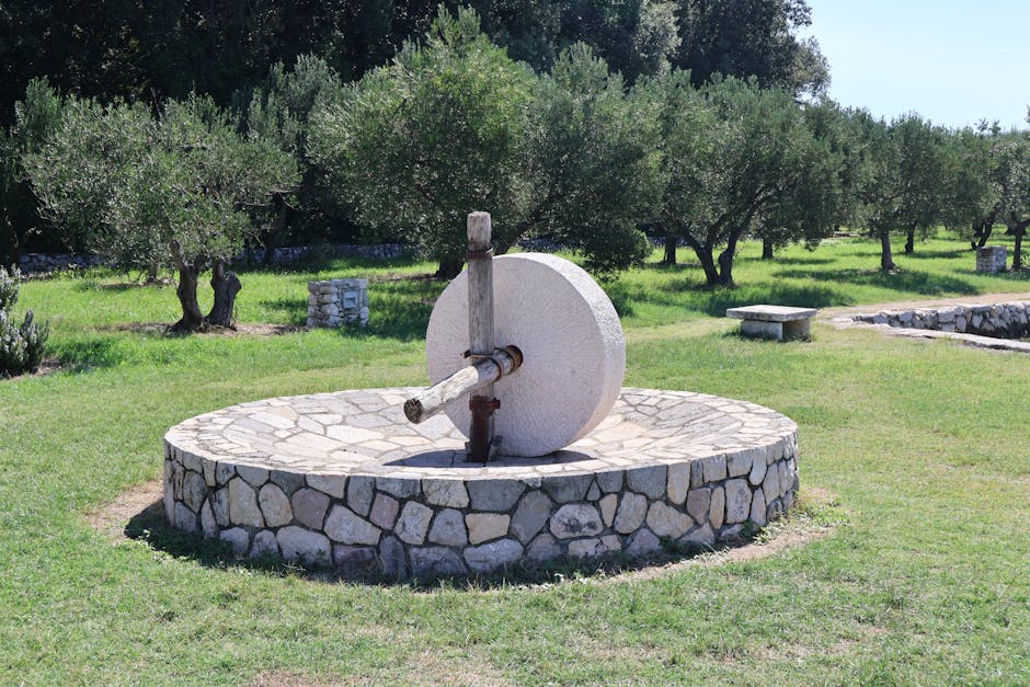Traditional circular stone olive mill surrounded by olive trees near Lecce