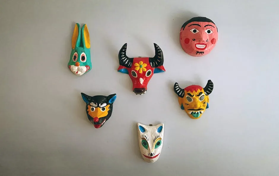 Hand-painted Carnival masks displayed on a white wall in Lecce
