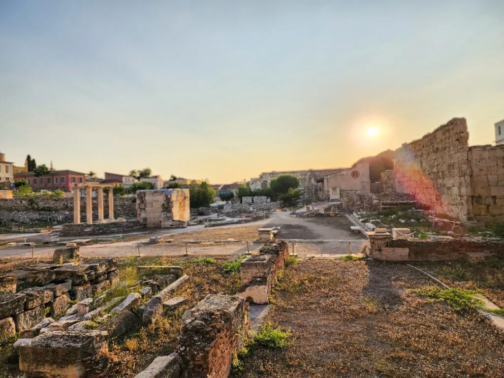 Sunset over ancient Roman ruins near Lecce with golden light