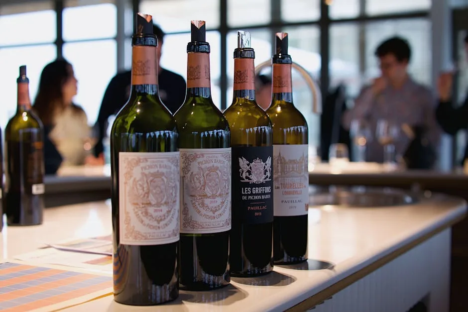 Bottles of red wine lined up for tasting at a Lecce event