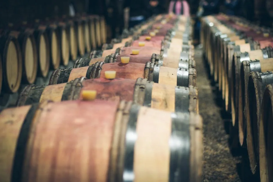 Rows of wooden wine barrels aging in a winery cellar near Lecce