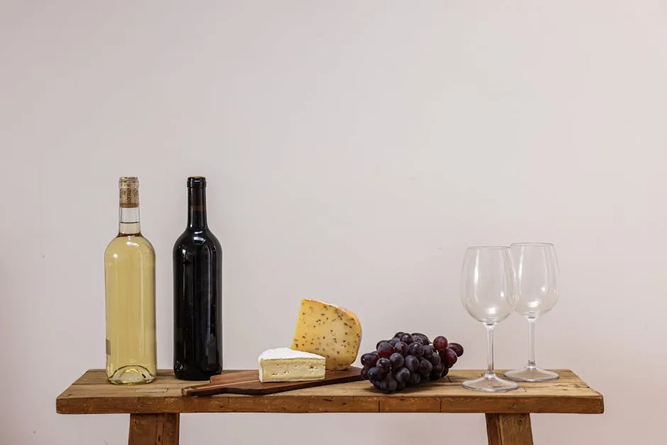 Two wine bottles, cheeses, grapes and two glasses on wooden table.