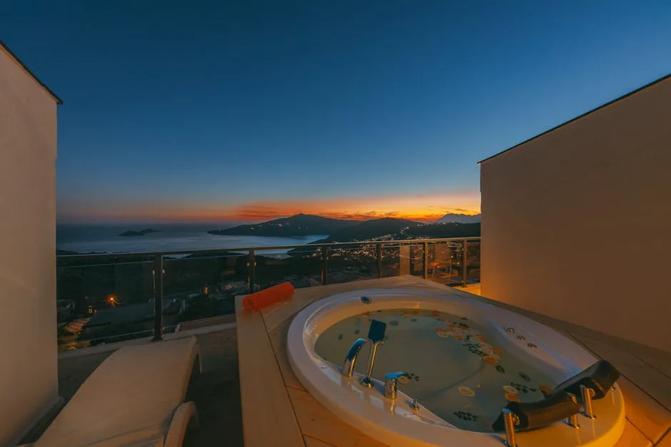 Rooftop jacuzzi at sunset overlooking coastal view near Lecce